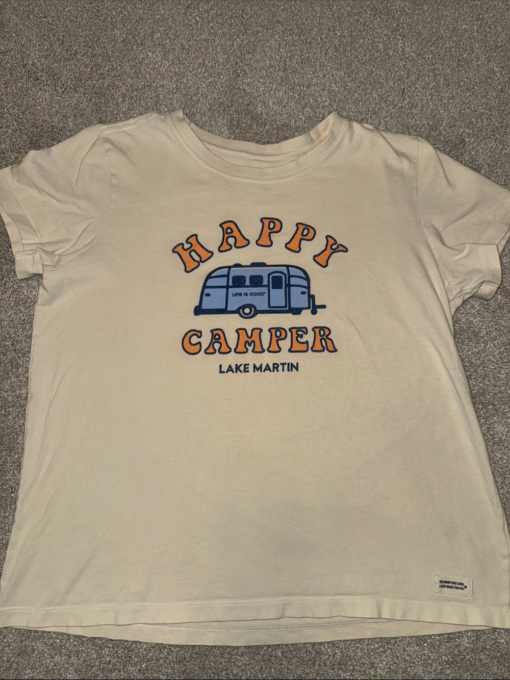 Happy Camper Lake Martin women’s  Tee  large Cream with Blue & Orange Print